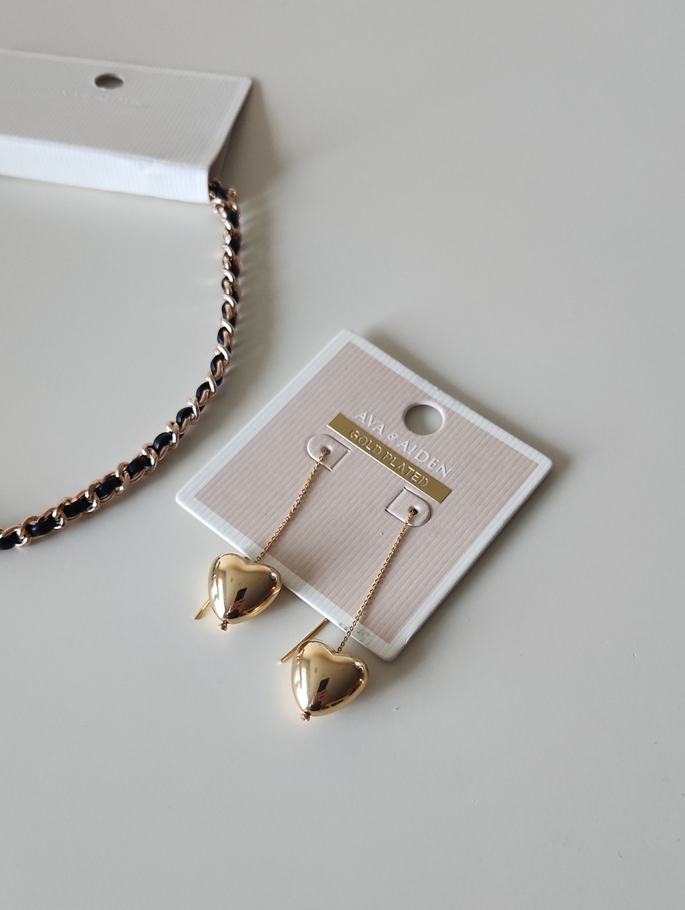 Gold Plated Heart Drop Chain Earrings + Necklace